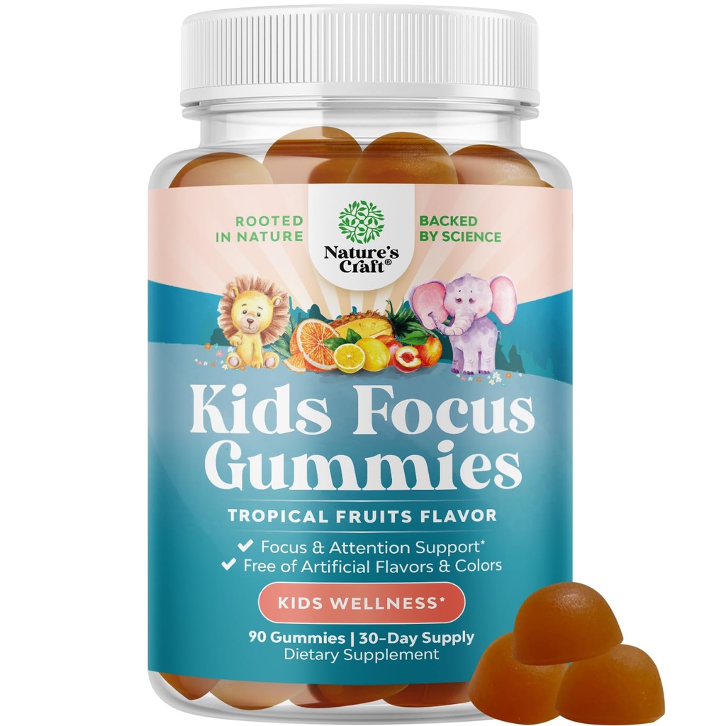 Gummies de focus pour enfants - Supplément de soutien au cerveau nootropiques pour les enfants avec extrait de thé vert, B6 et B12 Vitamines pour la mémoire et le cerveau focus - Concentration d'herbes Chews pour les enfants - 90 comtes