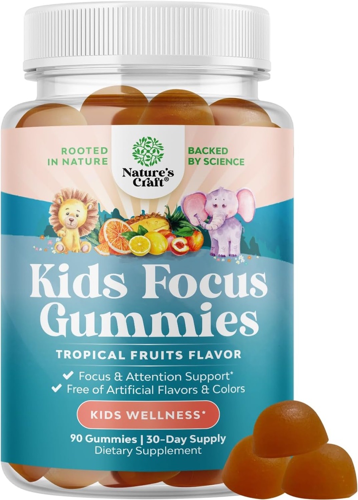 Gummies de focus pour enfants - Supplément de soutien au cerveau nootropiques pour les enfants avec extrait de thé vert, B6 et B12 Vitamines pour la mémoire et le cerveau focus - Concentration d'herbes Chews pour les enfants - 90 comtes