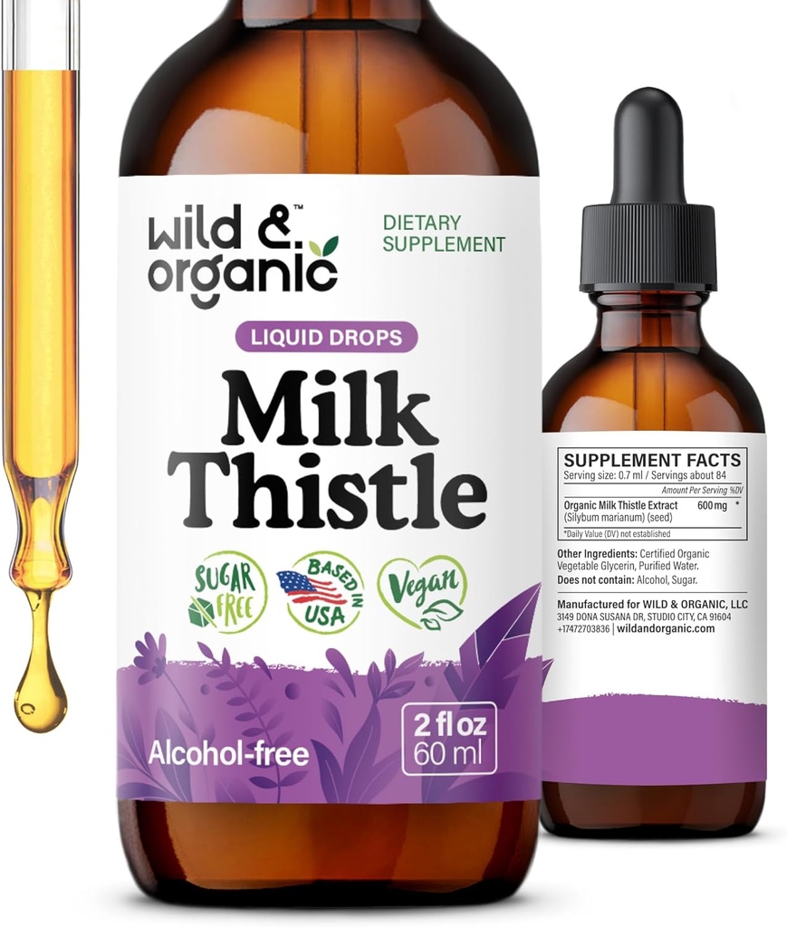 Extraits de chardon de lait sauvage et biologique - Support de nettoyage du foie - Teinture de détox de chardon de chardon de lait - Supplément de silymarin - Graines de silybum marianum - Vegan, sucre et sans alcool - 2 fl oz