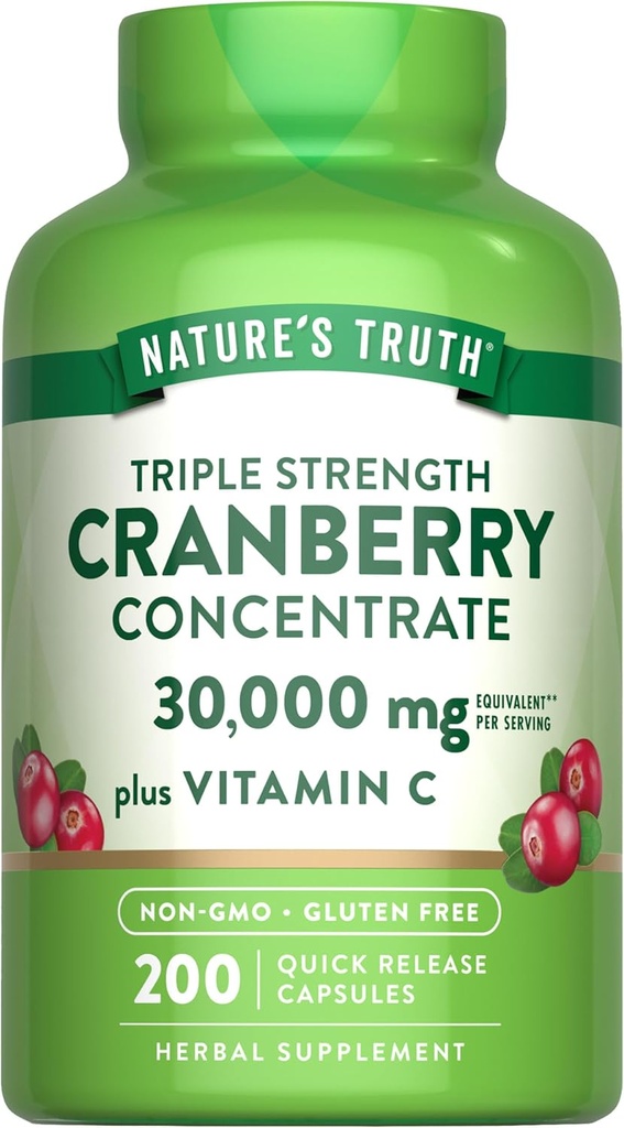 Nature's Truth Cranberry Concentrate Pills (en anglais seulement) Plus Vitamine C. 30 000 mg 200 Capsules à libération rapide (en anglais seulement) Supplément sans OGM et sans gluten