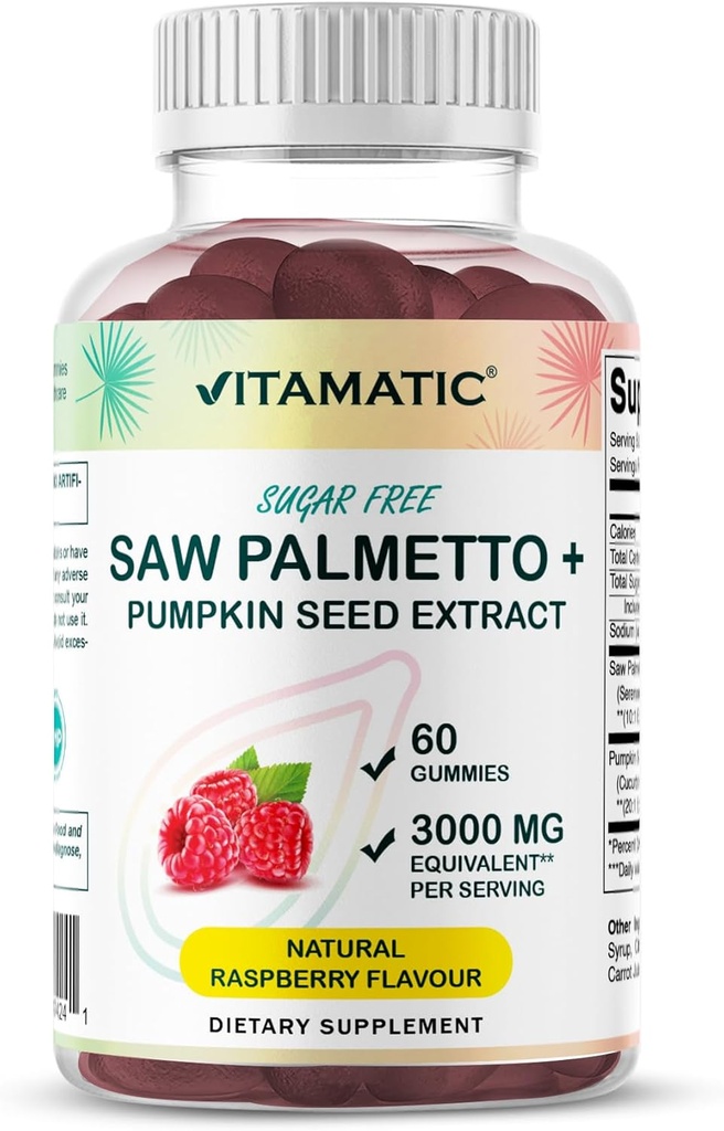 Palmetto vitamatique sans sucre avec graines de citrouille – 3000 mg Équivalent par service – Saveur de framboise naturelle – 60 Gummies