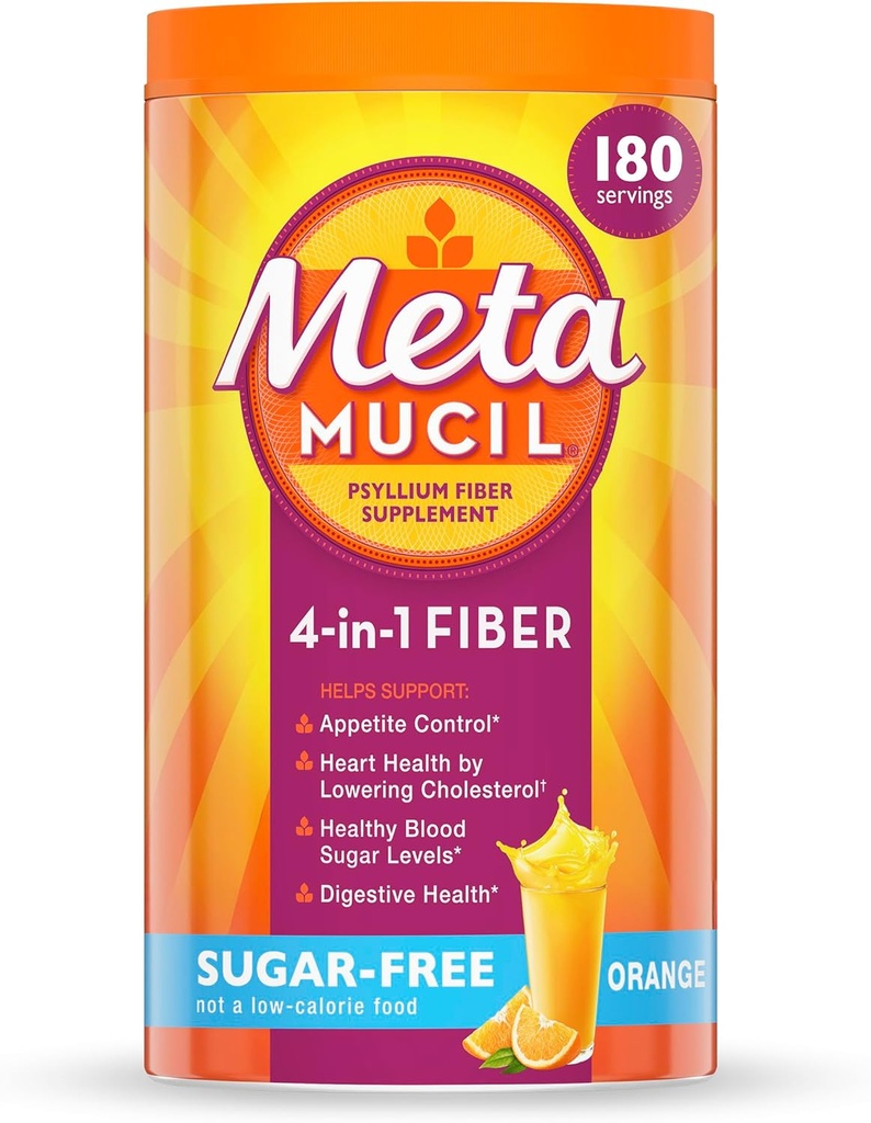 Métamucil 4-en-1 Psyllium Husk Fiber Supplément, sans sucre, 180 cuillères à café, aromatisé orange, poudre de fibre quotidienne pour la santé digestive, en fibre de Psyllium Husk à base végétale