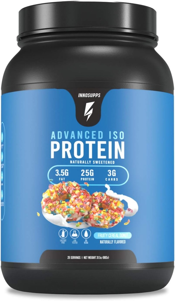 InnoSupps Protéines Iso avancées , 100% Whey Isolate Protéines Poudre , Pas d'adoucissants artificiels , Faible teneur en gras , Faible teneur en glucides , 25g de protéines , Sans hormones , Sans gluten , Sans soja , (Fruity Céréale Donut)