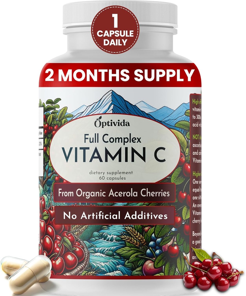 OPTIVIDA Plant base Acerola Cerise naturelle Capsules de vitamine C de la vitamine 60 Comte de la vitamine biologique C de l'acide non ascorbique Supplément végétalien pour le soutien immunitaire, peau saine et articulations