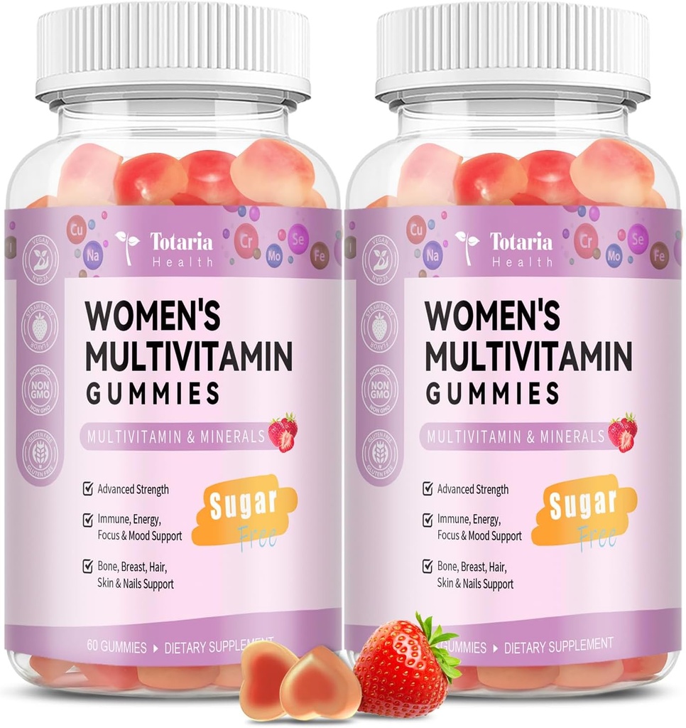 Gommies multivitamines sans sucre Totaria pour femmes 14+ avec/Inositol, Fer, Folate, Biotine, Gommy multivitamines quotidiennes pour femmes avec/Vitamine A, D, C, B, Support cheveux, peau, énergie, Immune, fraise