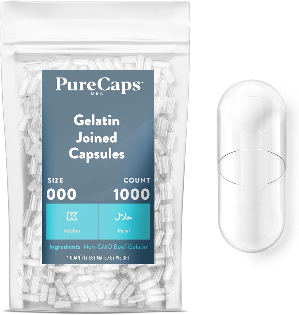 PureCaps États-Unis - Capsules de gélatine vide Taille 000,000 1000 Pills jumelés Effacer, non-OGM certifié SLS, sans gluten, sans conservateur