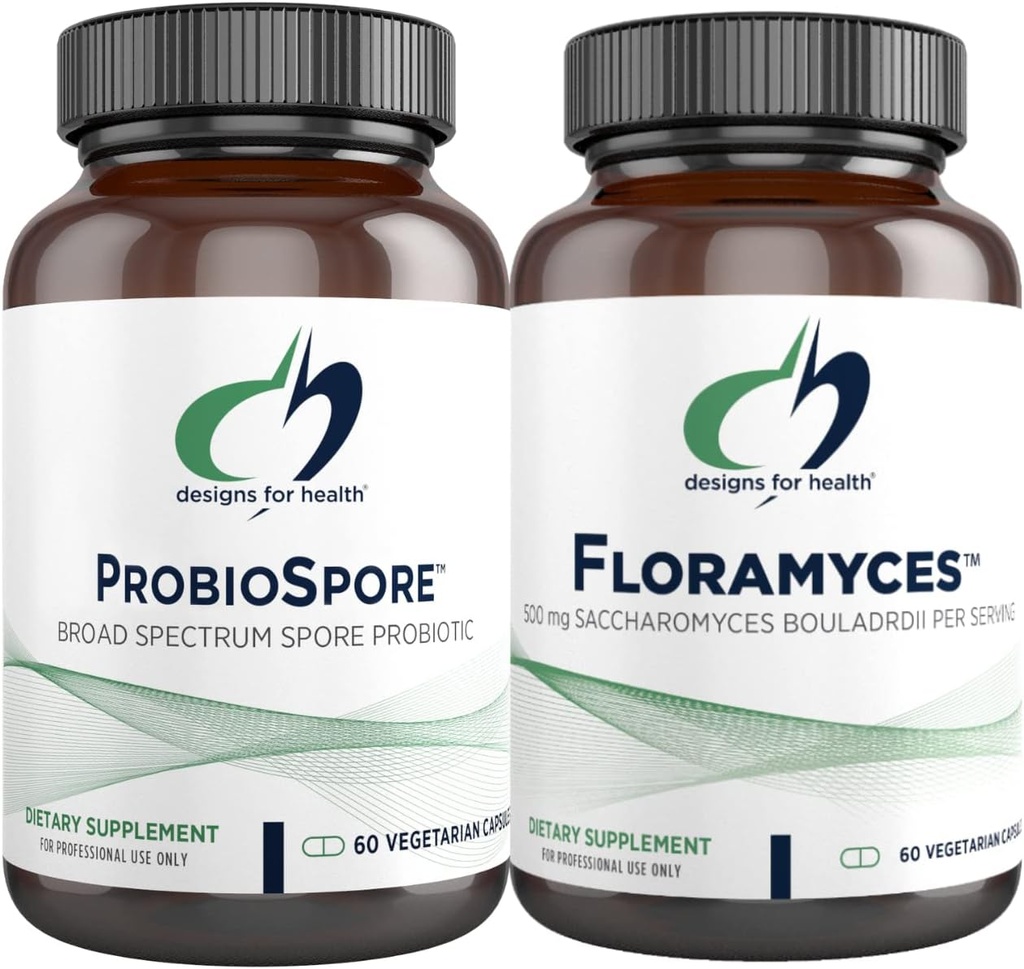 Designs for Health Saccharomyces Boulardii (60 Capsules) + ProbioSpore Spore Based Probiotic (60 Capsules) - 2 Gut Health Supplements - Shelf-Stable, Acid Resistant Digestive Probiotics