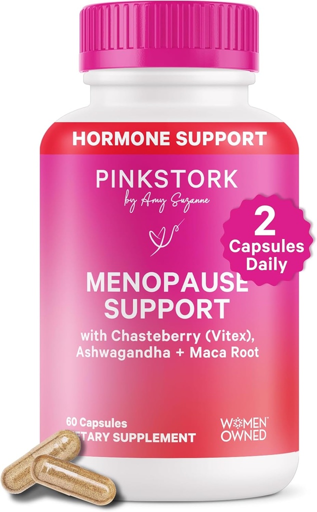 Pink Stork Ménopause Support pour les femmes - Flash chaud, l'humeur, le sommeil, le poids, le cortisol et l'équilibre hormonal - Vegan, Estrogen-Free Periménopause Relief - Ashwagandha, Maca - 60 Capsules