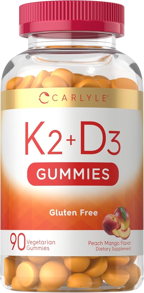 Carlyle Vitamine D3 K2 Gummées : 90 Nombre : 5 000 UI de D3 + 100 mcg MK7 : Supplément végétarien, non OGM et vitamine sans gluten