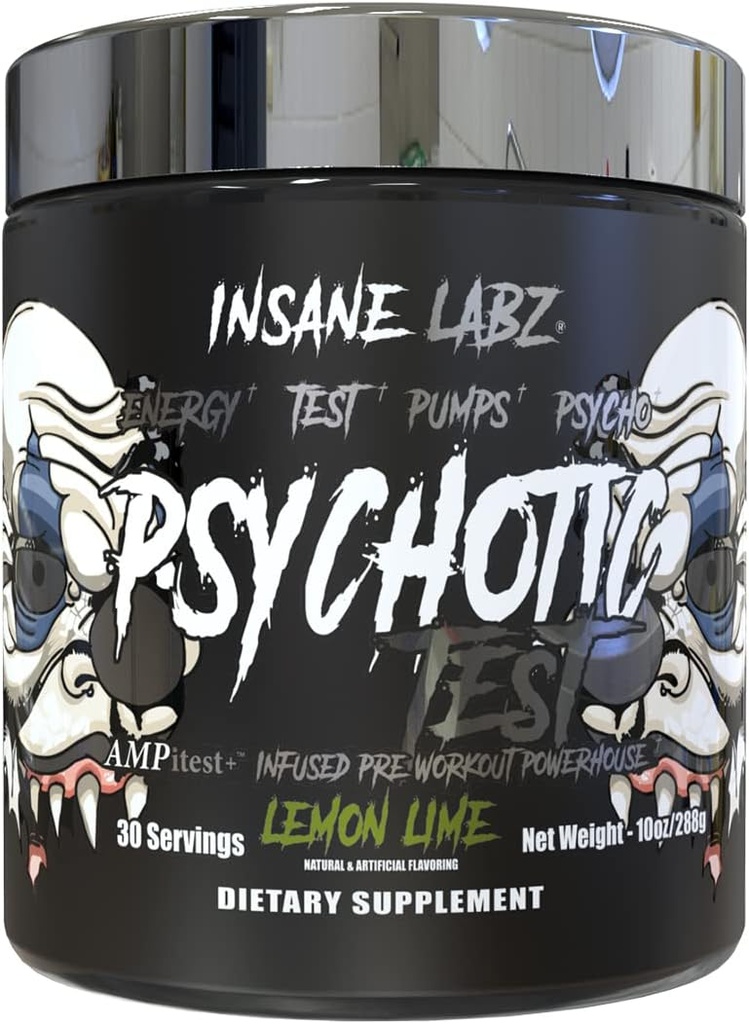 Test psychotique Insane Labz, haute énergie de testostérone et pompe boostant la poudre de pré-entraînement avec le bitartrate DMAE, l'acide D aspartique, le monostéarate de créatine HCL et de glycérol, 30 portions, citron Lime