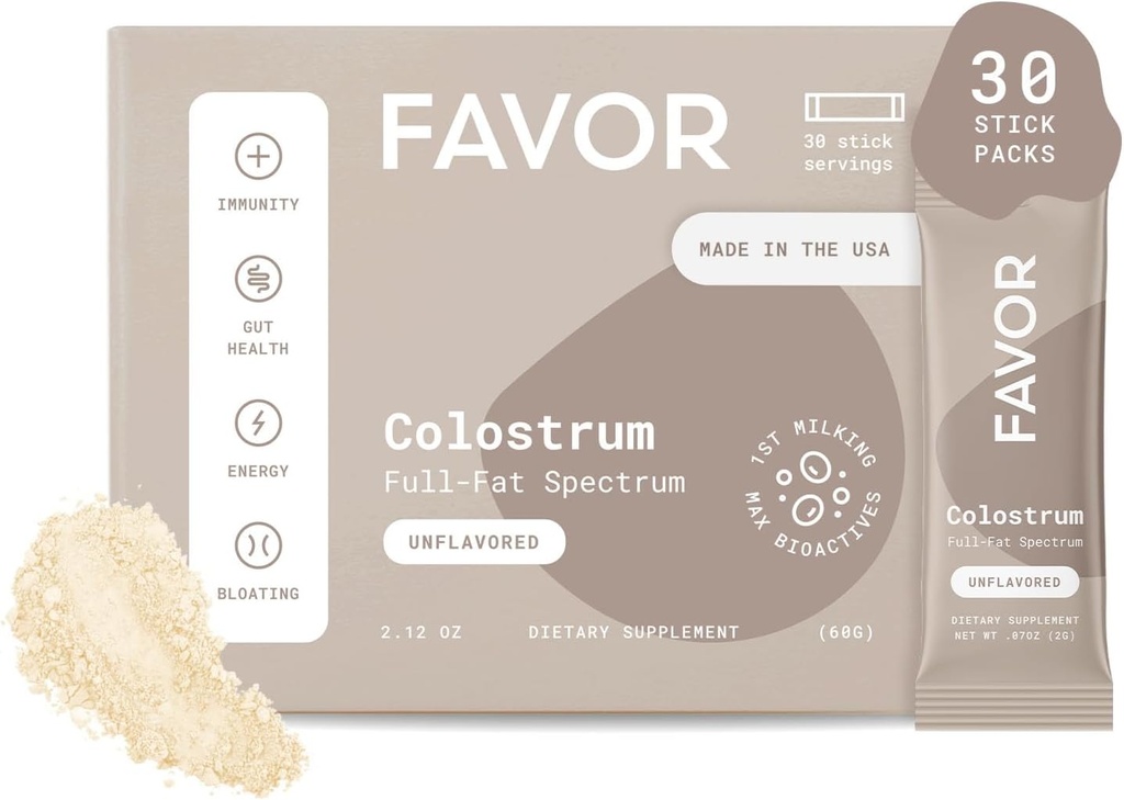 Coup de coeur Bovin Colostrum Packets (Liposomal and Whole) Santé humaine holistique Idéale pour les voyages (IgG) naturellement élevée Fabriquée aux États-Unis (Ethiquement) Facile à mélanger [Non aromatisé]