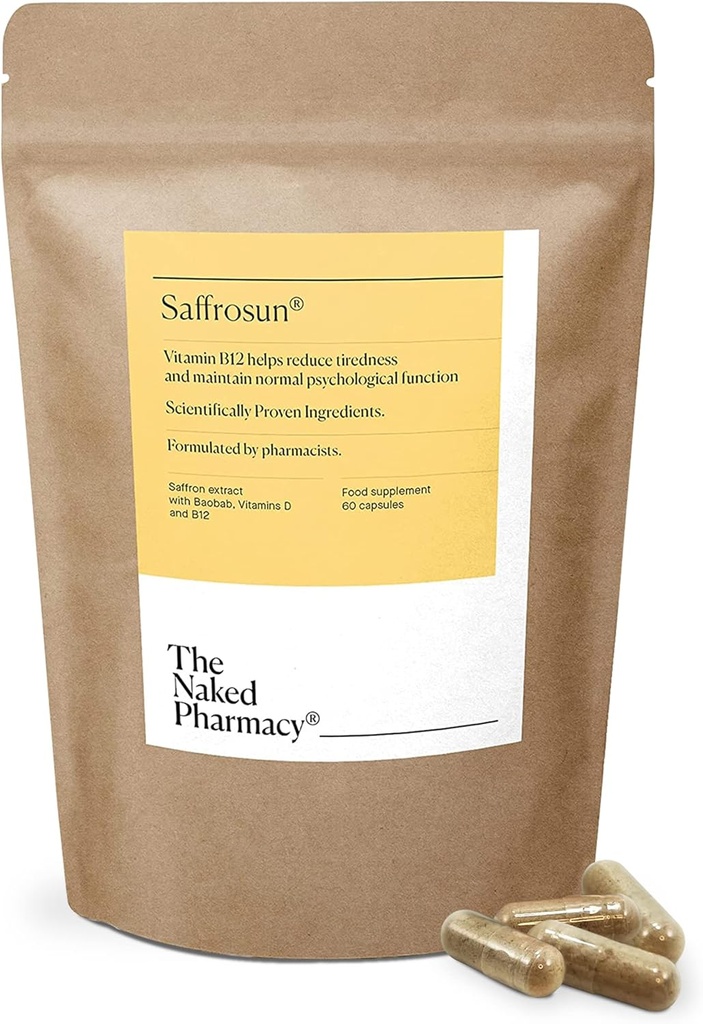 LA PHARMACIE NAKED Saffrosun , Suppléments naturels de safran avec vitamine B12 , haute résistance Fatigue et ménopause , Pas d'additifs Vegan 60 Capsules