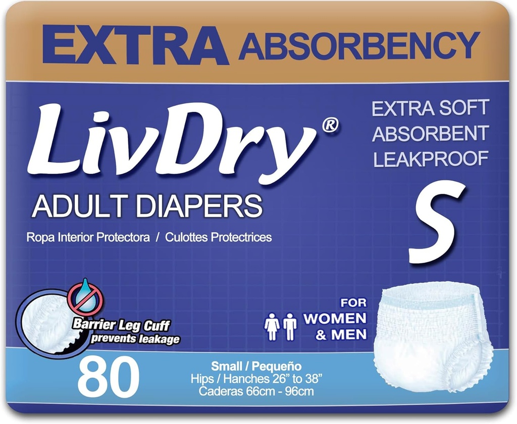Sous-vêtements d'incontinence pour adultes LivDry, couches pour adultes supplémentaires, protection contre les fuites, petit paquet 80