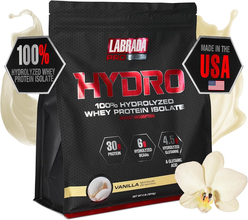 LABRADA Hydro 100% pur hydrolysé poudre de lactosérum, sans lactose, glutamine, lactosérum le plus rapide disponible, mélange instantané, goût délicieux 48 portions 4lb (Vanilla)