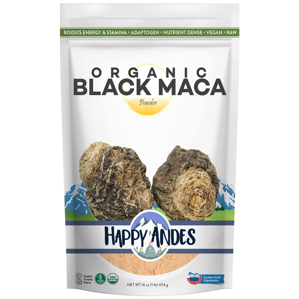 Happy Andes Bio Black Pure & Raw Maca Root Powder Non-GMO, USDA pour l'énergie et la condition physique, la performance et l'humeur pour les hommes et les femmes, sans gluten, péruvien Superfood, bleu, 16 oz
