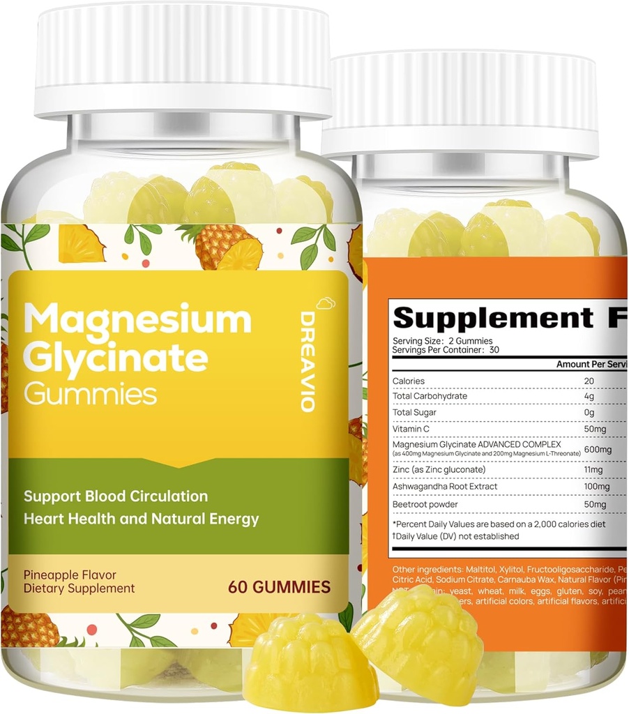 60 Comte Glycinate de magnésium Gommies 400mg w/Ashwagandha Supplément - Supplément sans sucre Zinc Glycinate de magnésium Gommies d'ashwagandha pour adultes