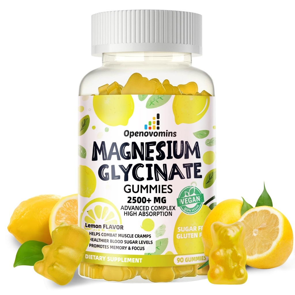 Glycinat de magnésium 2500mg - Supplément de potassium de magnésium sans sucre avec vitamine D, B6, CoQ10 pour l'humeur calme et le soutien du sommeil - 90 Gommies de citron