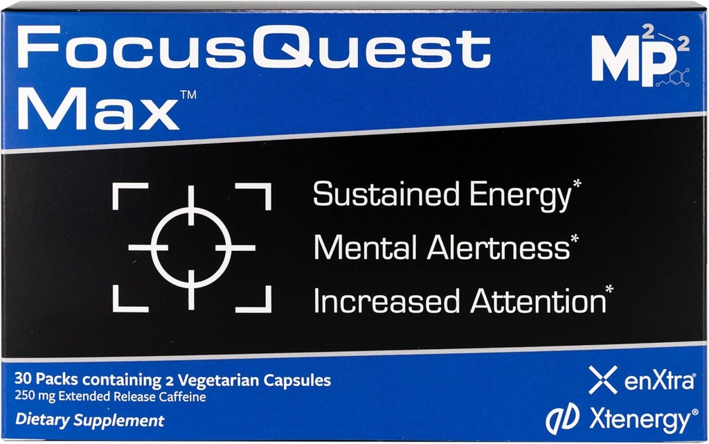 FocusQuest Max Focus Supplément avec sortie prolongée caféine et L-théanine, supplément nootrope pour l'énergie et la productivité - végétalien, sans gluten pour les professionnels, les étudiants, les mamans occupées et la condition physique