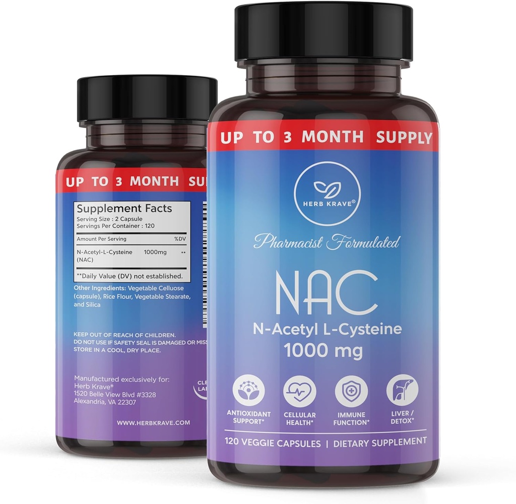Supplément de NAC N-acétyl Cysteine 1000 mg, acide amino, antioxydant naturel, soutien du foie, poumon, système immunitaire, fertilité