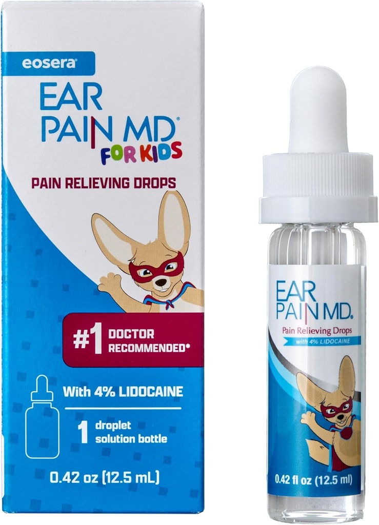 Eosera® Douleur d'oreille MD® pour les enfants - Pertes maximales d'oreilles avec Lidocaine - Médecine de l'oreille recommandée par le médecin pour les enfants, les bébés et les tout-petits 2+ - Soin d'oreille rapide - 12,5 mL
