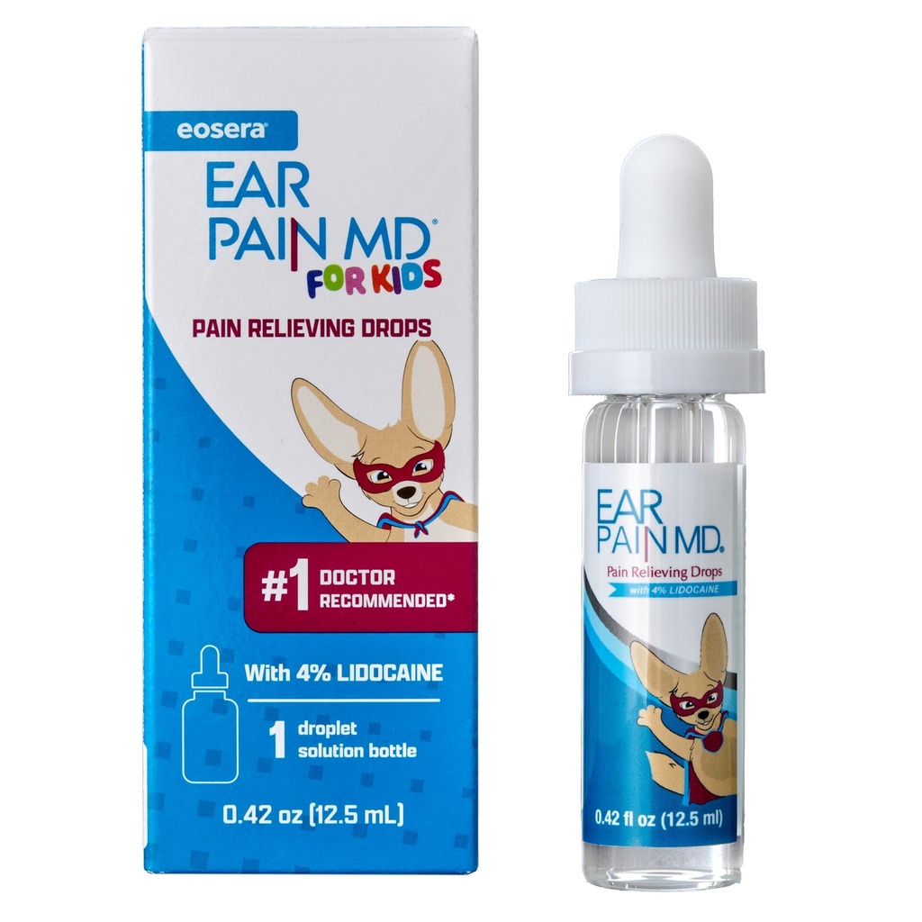 Eosera® Douleur d'oreille MD® pour les enfants - Pertes maximales d'oreilles avec Lidocaine - Médecine de l'oreille recommandée par le médecin pour les enfants, les bébés et les tout-petits 2+ - Soin d'oreille rapide - 12,5 mL