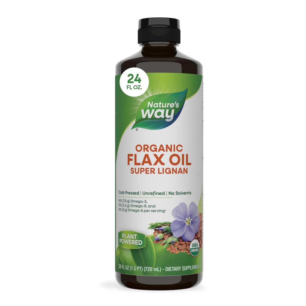 Nature's Way Organic Flax Oil Super Lignan, Cold-Pressed Flaxseed Oil with Omega-3 ALA, Unrefined Organic Liquid Flax Oil Supplement, Unflavored, 24 Fl Oz