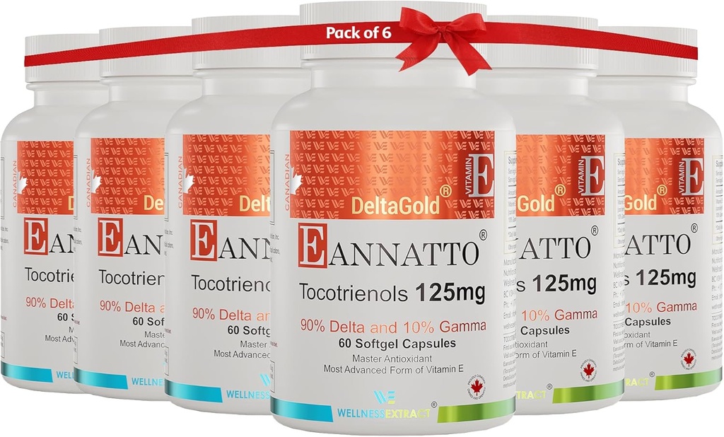 Eannatto Tocotriénols Deltagold 125mg, suppléments de tocotriénols de vitamine E 60 Softgel, sans tocophérol, sans OGM, sans gluten et antioxydant (paquet de 6)