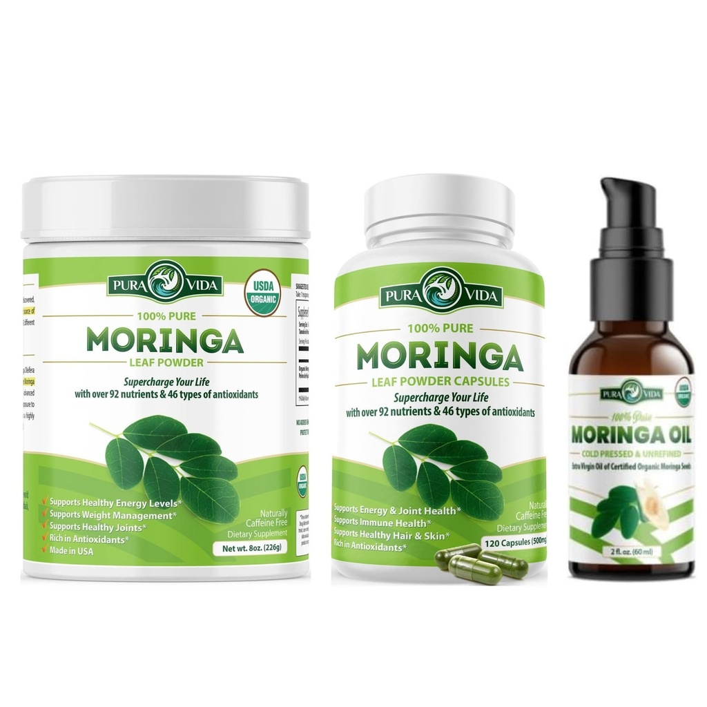 PURA VIDA MORINGA Poudre 8 oz Capsules (120 Nombre) et Huile de Moringa Biologique (2fl oz)