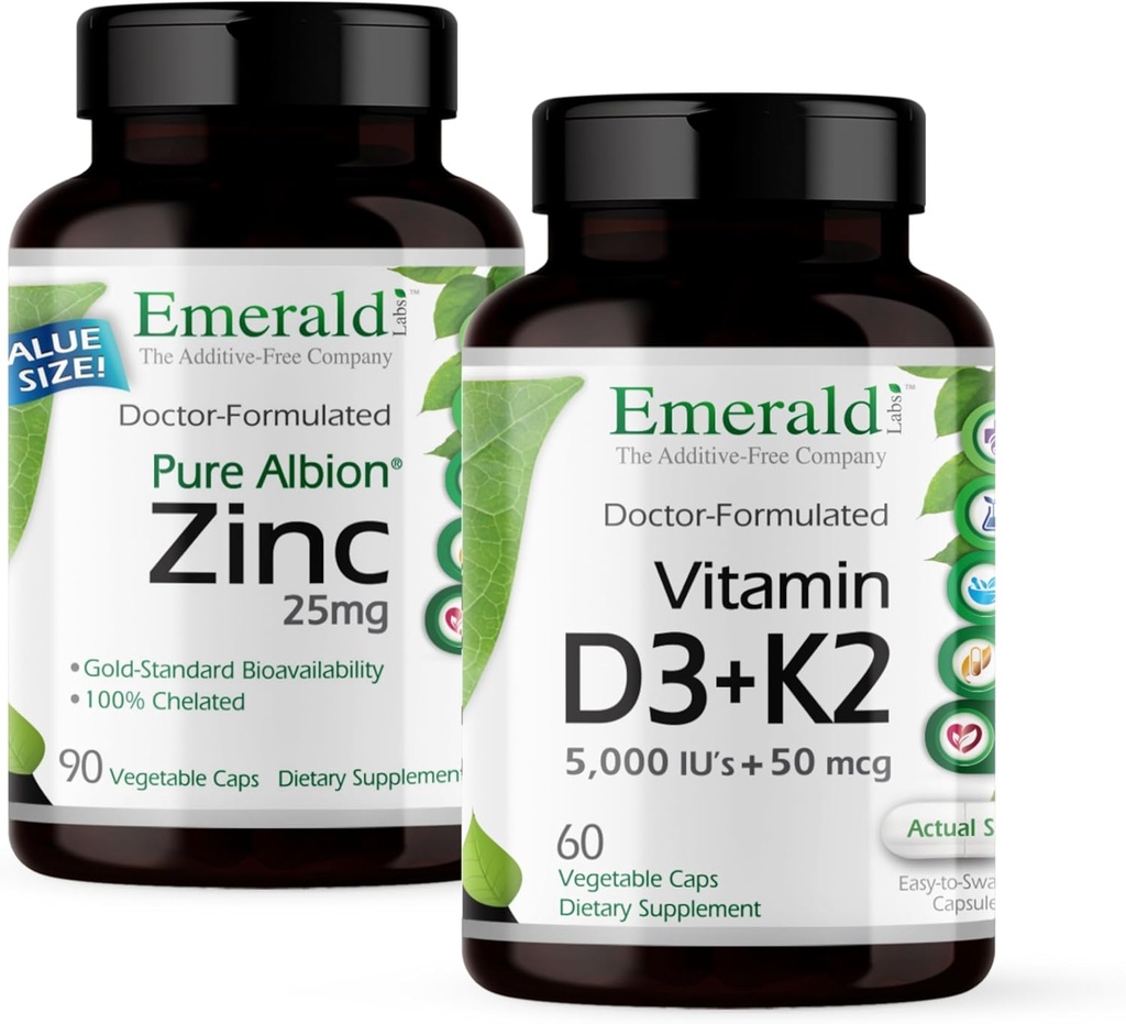 EMERALD LABS Vitamin D3+K2 (60 Caps) & Zinc 25mg (90 Caps) - Bone Health, Heart Support, Immune Support, Digestive Health, Oxidative Stress Support - Gluten-Free
