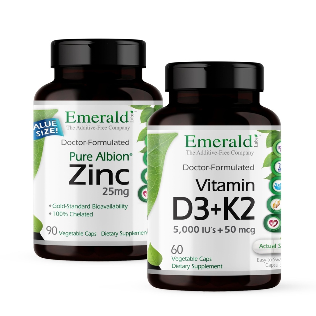 EMERALD LABS Vitamine D3+K2 (60 capsules) et Zinc 25mg (90 capsules) - Santé des os, soutien cardiaque, soutien immunitaire, santé digestive, soutien au stress oxydatif - sans gluten