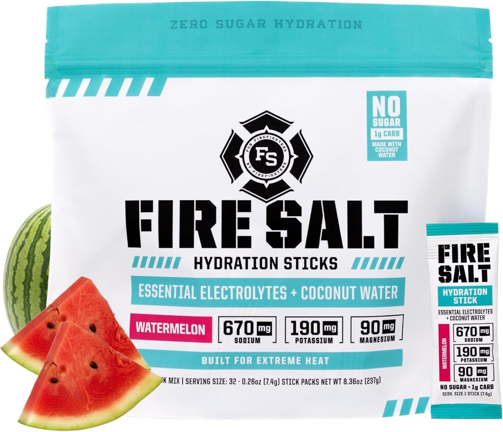 Fire Science Fire Salt Hydratation Sticks, Electrolytes & Eau de noix de coco, Mélange de boisson d'hydratation avec Magnésium, Potassium & Sodium, Zéro Sucre, Servir seul sur les paquets de go, Saveur de pastèque, 32 Comte