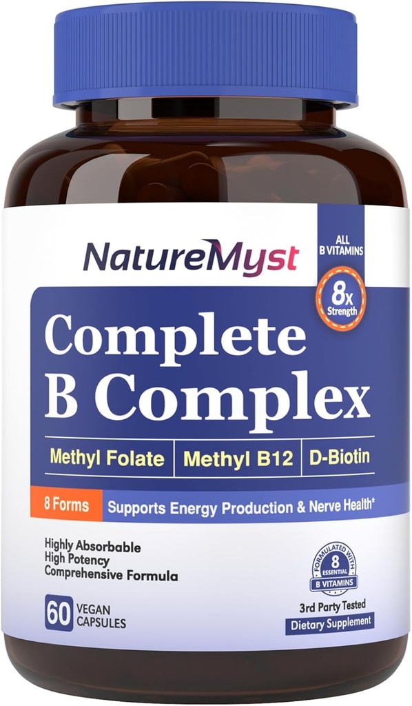Complexe B complet, toutes les vitamines 8 B, Méthyl B12, Méthyl Folate, Biotine, P-5-P, hautement absorbante, Production d'énergie, 60 bouchons végétaliens