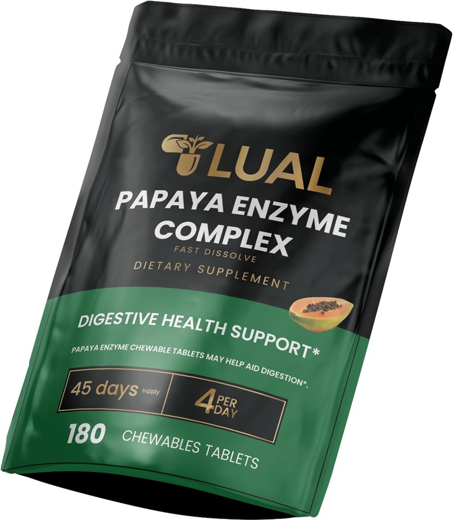 Complexe enzymatique de Papaye LUAL – Comprimés à croquer avec Papaine, Bromelain et enzymes digestives – Soutient la digestion et l'absorption nutritive – Flaveur naturelle de Papaye – 180 Compte