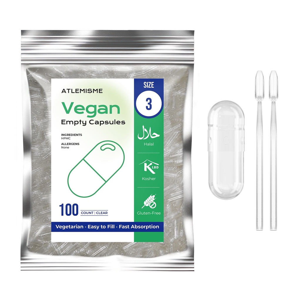 Capsules Vegan vides Taille 3 - Capsules Vegan Bricolage Gélule végétale Remplissage - Bouchons Veggie avec 2 cuillères Micro Lab pour remplir la capsule