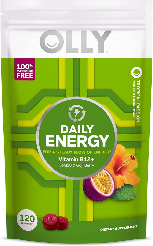 Gummy d'énergie quotidienne, sans caféine, vitamine B12, CoQ10, Goji Berry, supplément à croquer pour adultes, parfum tropical - 120 Count Pouch