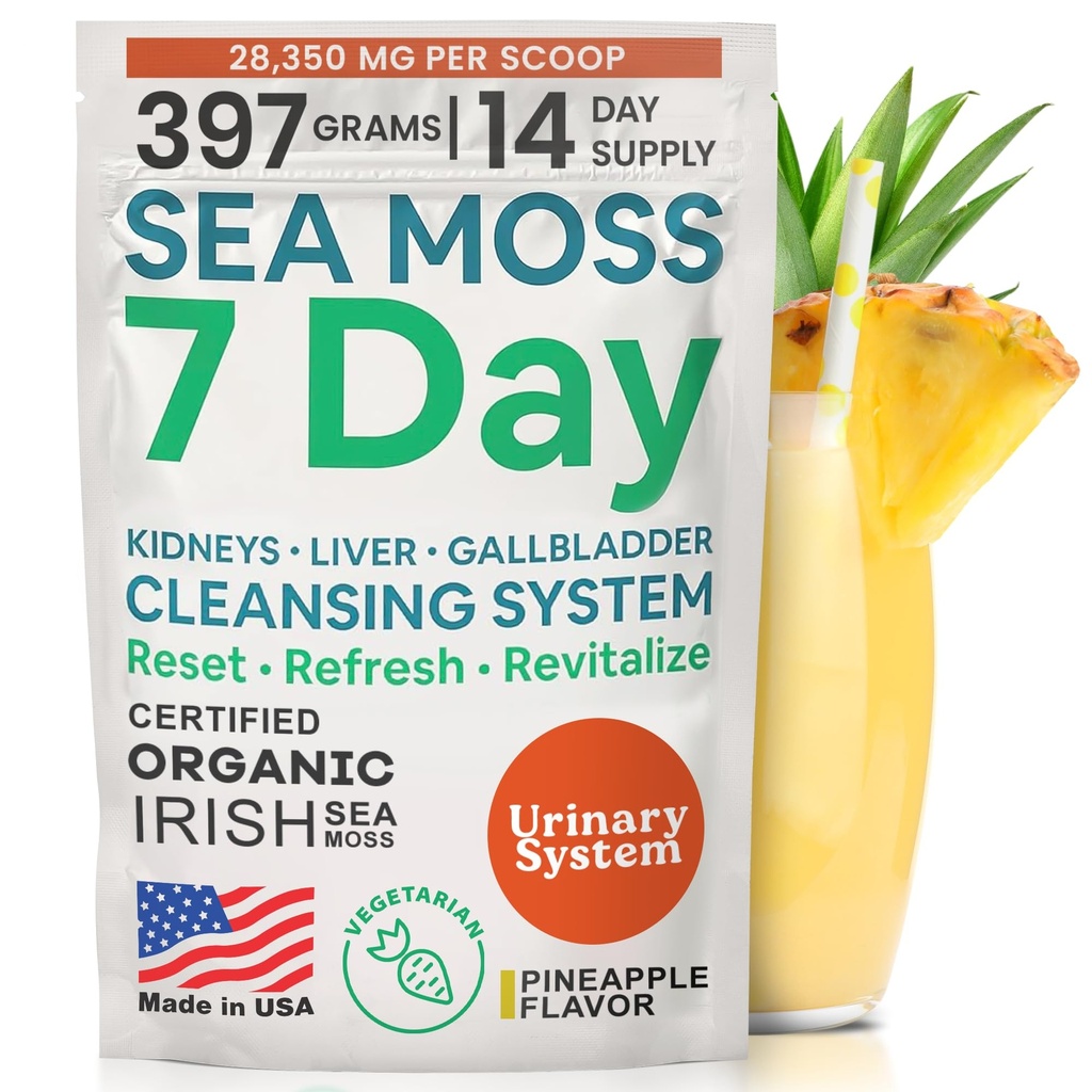 Atlantic Naturals Sea Moss 7 Day Detox Foie, Gallbladder & Nettoyage du rein - Soutien avec racine de dandelion, chardon de lait, racine de lard, trèfle rouge, Chanca Piedra - mélange de boissons aux ananas (14 oz)