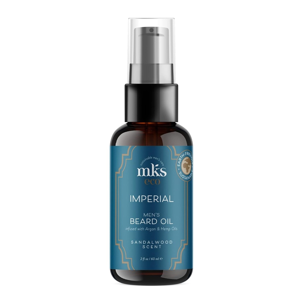 MKS eco pour les hommes Imperial Beard Oil, Sandalwood Scent - 2 fl oz - Calmes et contrôles Cheveux du visage, ajoute brillant, hydratant la peau - avec huile de graines de chanvre et huile d'argan - végétalien, sans cruauté