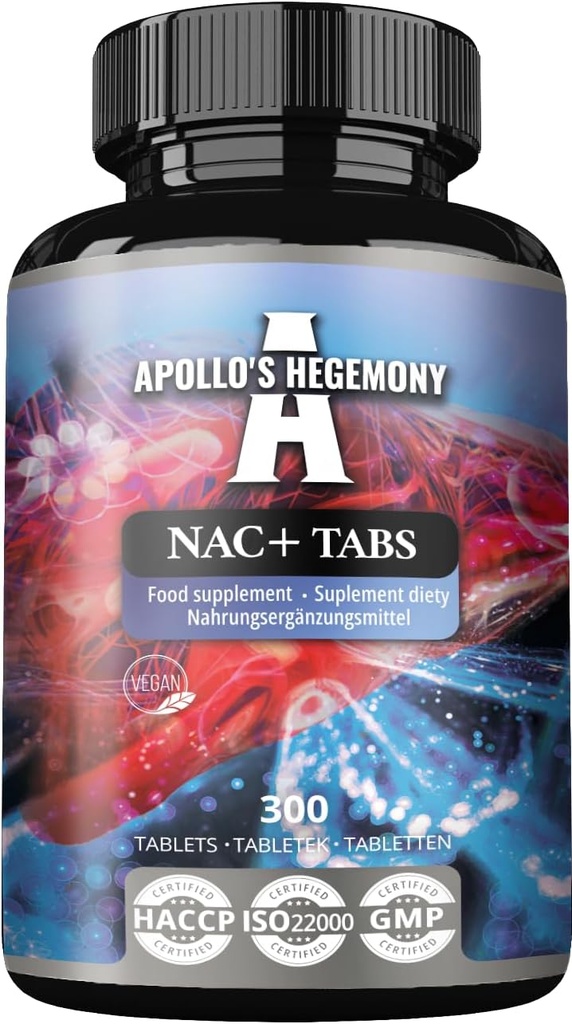 APOLLO'S HEGEMONY NAC+ 150 mg - N-acétyle L-Cysteine et extrait d'artichaut, 300 comprimés végétaliens, 1200 portions, supplément alimentaire à l'acide aminé, soutient la désintoxication et la santé du foie