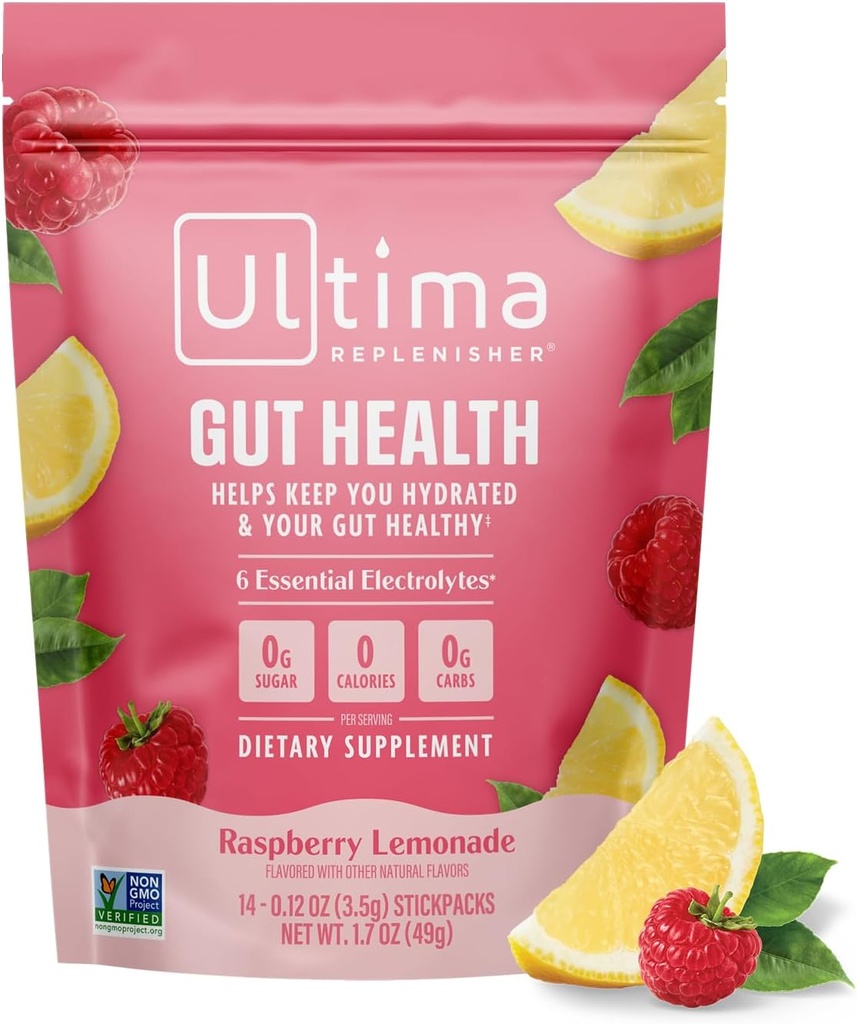 Ultima Replenisher Gut Health Supplement and Electrolytes Powder - Lémonade aux framboises, 14 Stickpacks - Packs d'hydratation avec des avantages santé Gut ajoutés