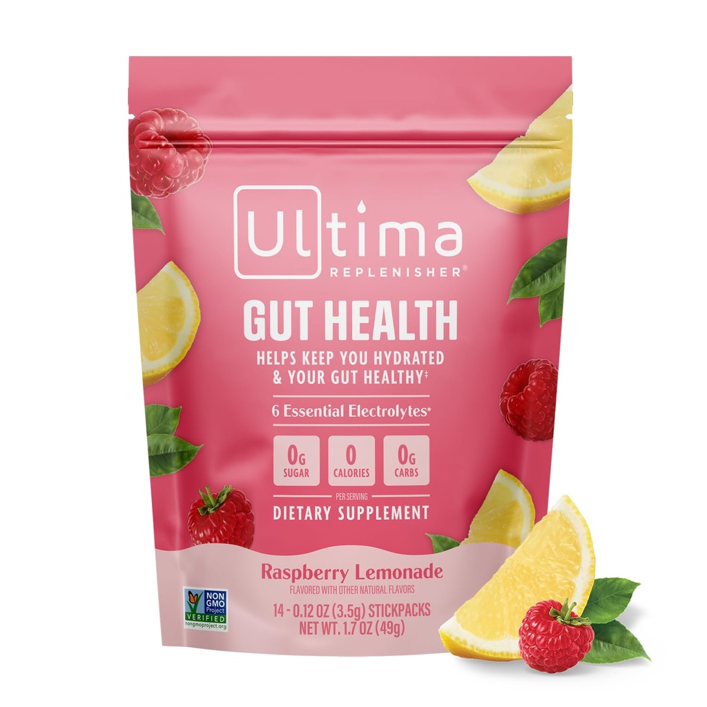 Ultima Replenisher Gut Health Supplement and Electrolytes Powder - Raspberry Lemonade, 14 Stickpacks - Hydration Packets with Added Gut Health Benefits
