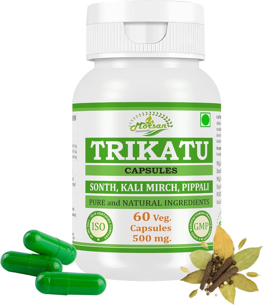 Trikatu à base de plantes naturelles et pures (Pippali, Kali Mirch, Sonth) Capsules d'extraits d'une puissance maximale, 100% de produits à base de plantes.