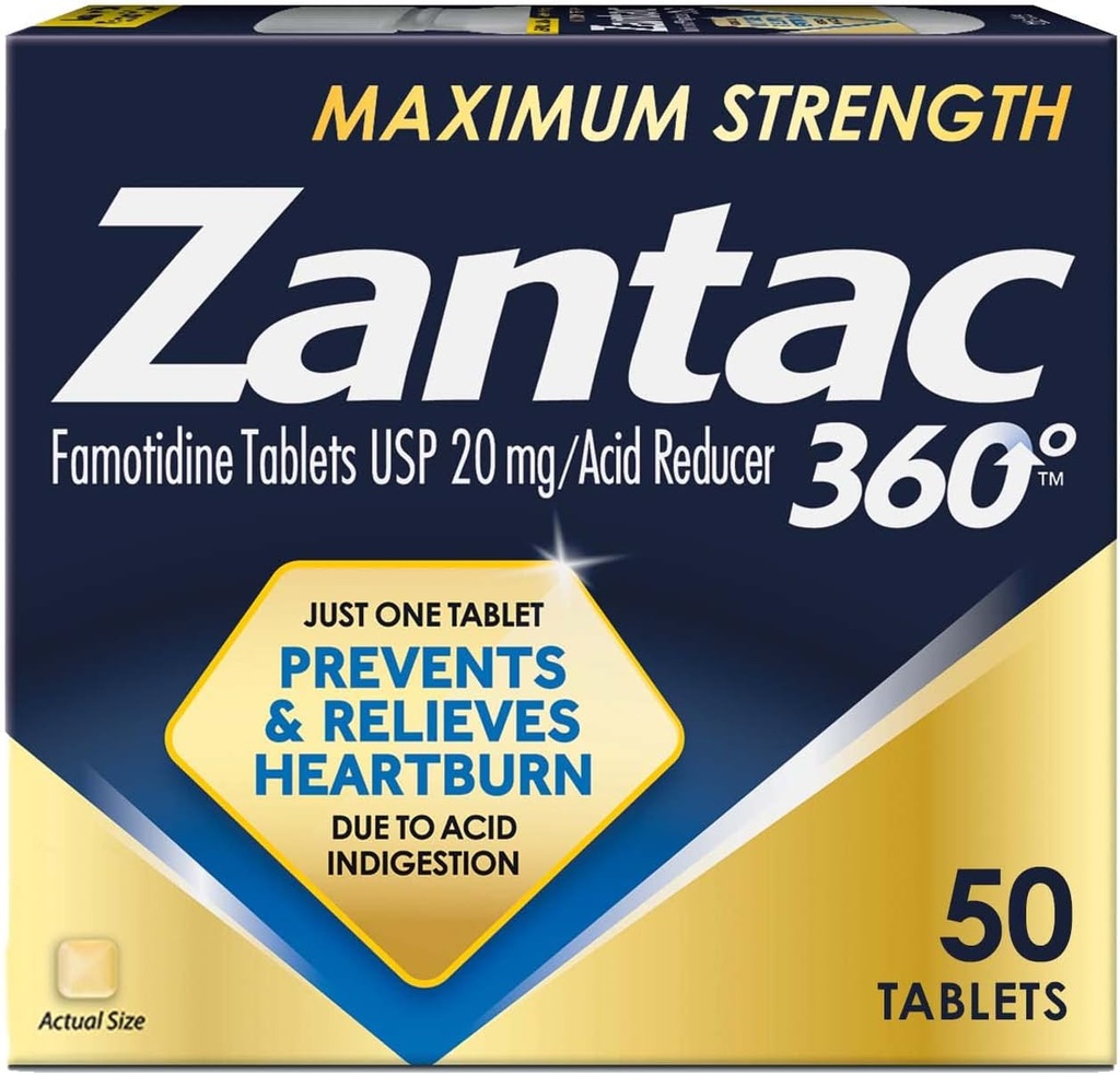 Zantac 360 Comprimés de force maximale, 50 Compte, Prévention et soulagement des brûlures d'estomac, 20 mg Comprimés