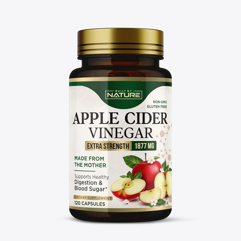 Construit par la nature Capsules de vinaigre de cidre de pomme 1877mg avec vitamine D et zinc – Immune & support de digestion – supplément de vinaigre de cidre d'acide acétique pour les hommes et les femmes - 120 pilules