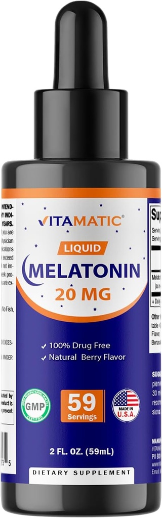 Mélatonine vitamatique 20mg gouttes liquides – 2 once fluide (59ml) – Saveur de baie naturelle – pour les adultes – Non-OGM – Supplément végétarien