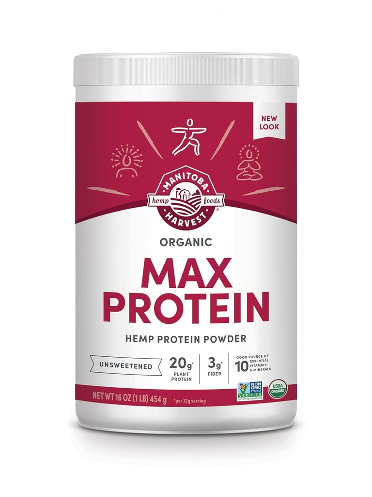 Manitoba Récolte de chanvre Oui poudre de protéines Max biologique, non sucrée, 16 oz, avec 20g de protéines et 4,5g d'oméga 3 et 6 par portion, Kéto-friendly, sans réserve, sans OGM, emballage mai Varier
