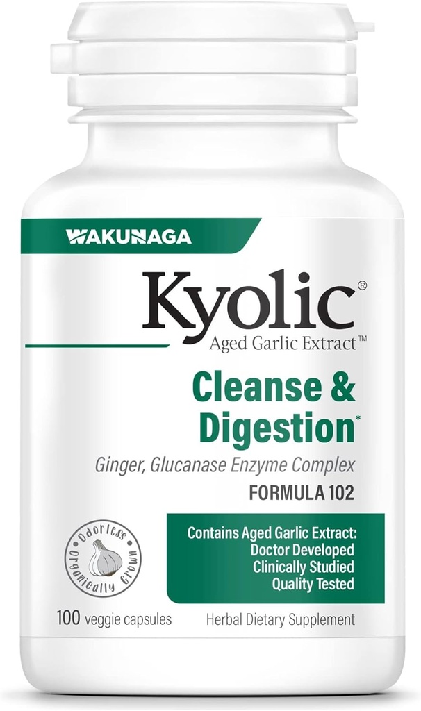 Extrait d'ail Kyolique vieilli Formule 102, Nettoyage et digestion, Ginger et complexe enzymatique, 100 capsules
