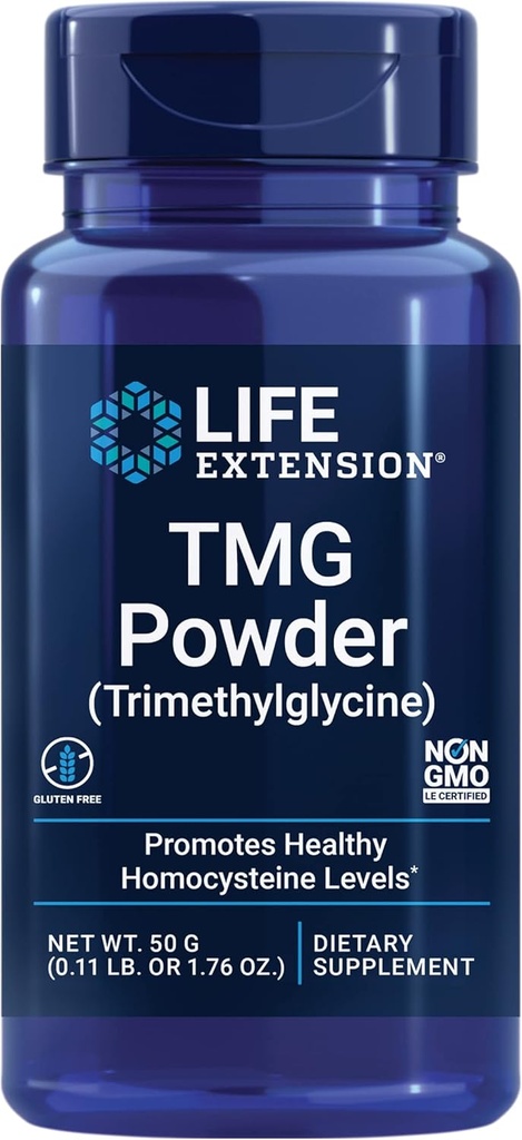 Prolongation de la durée de vie Poudre de TMG – Triméthylglycine – Aide à maintenir des niveaux d'homocystéine normaux, santé cardiaque – sans gluten, non-OGM, végétarien – Net Wt. 50 g (0,11 lb. ou 1,76 oz.)