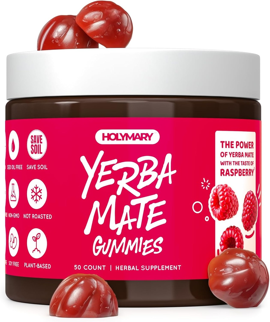 HOLYMARY Yerba Mate Gummies, framboise parfum - énergie, focus, pouvoir végétalien, non-OGM, ingrédients naturels, sans gluten, 50 délicieux suppléments Gummies