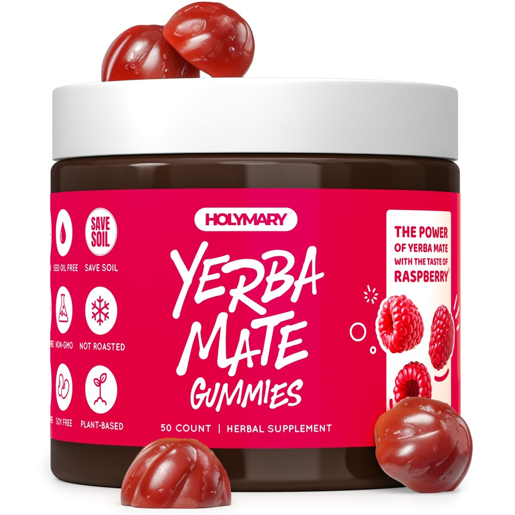 HOLYMARY Yerba Mate Gummies, framboise parfum - énergie, focus, pouvoir végétalien, non-OGM, ingrédients naturels, sans gluten, 50 délicieux suppléments Gummies