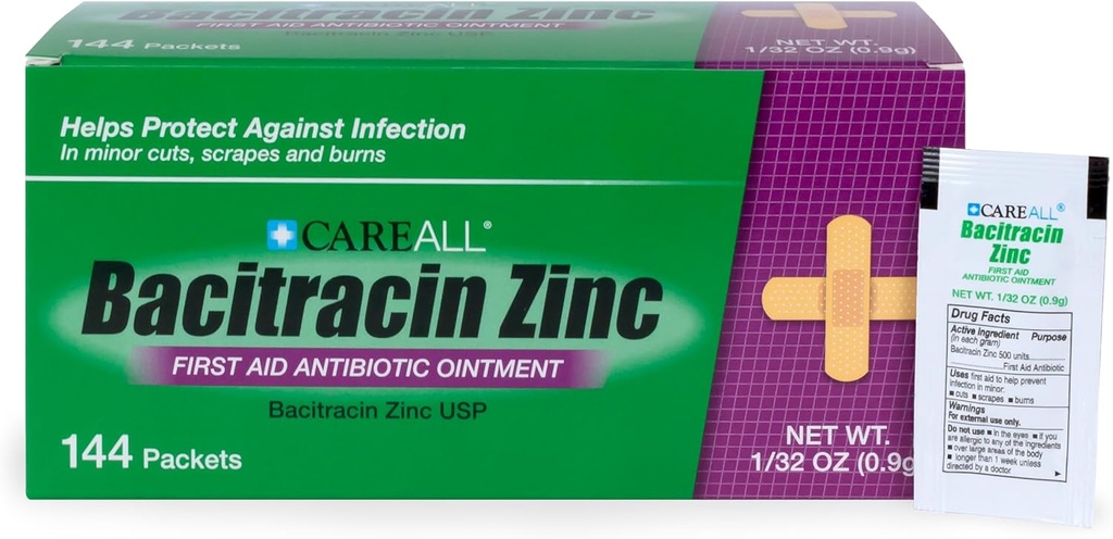 CareAll Bacitracin Antibiotic Zinc Ointment (144 Pack), 0.9gr Foil Packet. First Aid Ointment That Prevents Infections for Minor Cuts, Scrapes and Burns